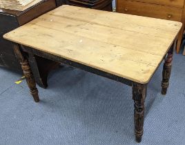 A Victorian pine kitchen table having an inset drawer and on turned legs, 74cm h x 121cmw Location: