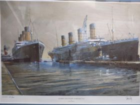 Harley Crossley - Olympic and Titanic at Belfast 1912, a signed limited edition print, numbered