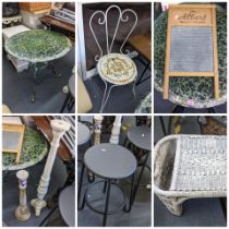 A mixed lot to include a green painted garden table, stools, painted floor standing candlesticks and