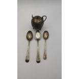 Three silver teaspoons 66.4g together with an Indian embossed mustard pot 61.7g total weight 128.