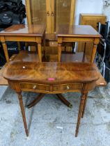 Mixed furniture to include a low pedestal coffee table, rectangular top quarter veneered with burr