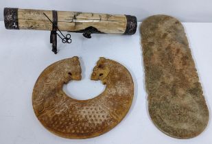 Chinese collectables to include a bone and metal pipe, and two soapstone carved plaques Location: