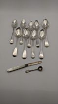 Various silver tea spoons 173.1g together with a Mother of Pearl pocket knife Location: