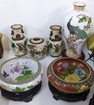 A mixed lot of Chinese items to include a pair of Nanking crackle glazed vases, two cloisonne