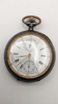 An Omega open faced keyless wound chronograph pocket watch having two subsidiary dials and