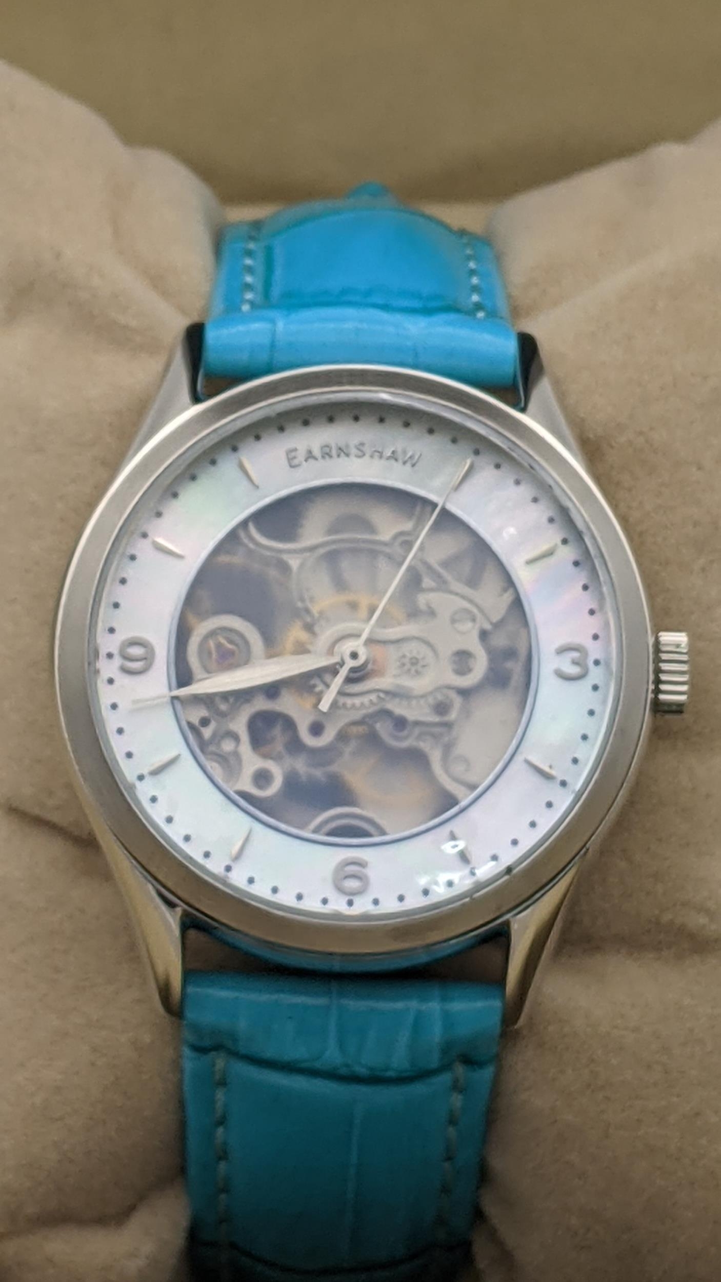 An Earnshaw Isabella Aqua, stainless steel lady's wristwatch, with a skeleton face and a mother of - Image 3 of 4