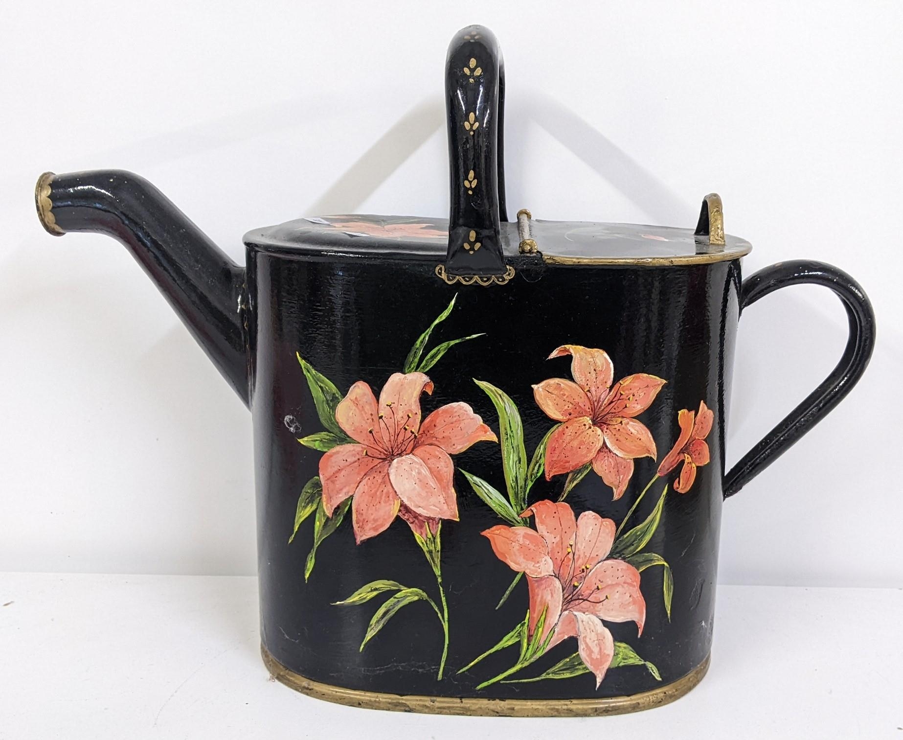 A Victorian Toleware watering can painted with flowers, Location: - Image 2 of 3