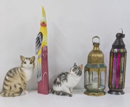 A mixed lot to include two Moroccan style lantern light lamps, together with a pair of ceramic cats,