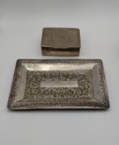 A white metal pin dish having a floral embossed detail and a white metal trinket box A/F, 191.5g