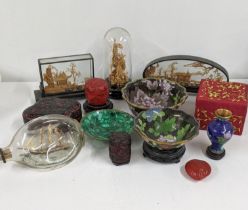 An oriental lot to include three Chinese cork Diorama, a Cinnabar box, together with Cinnabar