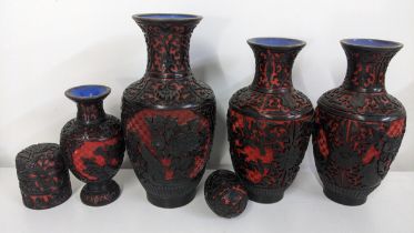 A collection of Chinese cinnabar and enamel to include a three section trinket boxes, egg and fair