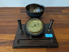 An early 20th century desk barometer with pen holders and a studio bronze bowl, Location: