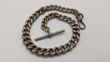 A Victorian silver curb link pocket watch chain with T bar and dog clip clasp 325.5cm long, 65.9g