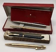 Four mixed pens to include two Sheaffers, a Paker and a Scripto Location;