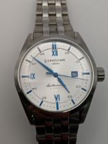 An Earnshaw automatic stainless steel wristwatch with a silver coloured face and blue baton dials