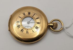 An 18ct gold half Hunter pocket watch, the 17 jewel movement jewelled to the centre and having a