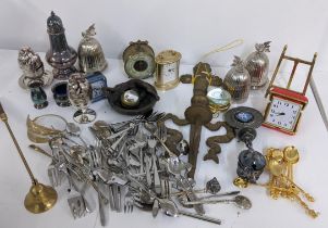 A mixed lot to include loose cutlery, travel clock, eggcup with chick's head cover, and other