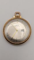 A vintage Oris gold plated open faced pocket watch having a silvered dial with a date aperture