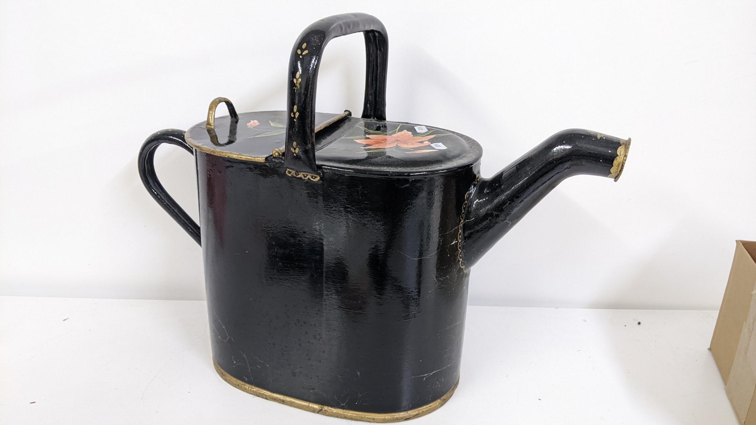 A Victorian Toleware watering can painted with flowers, Location: - Image 3 of 3