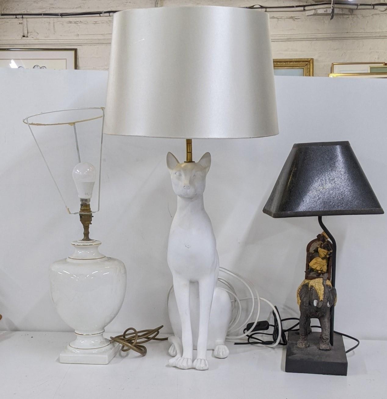 Three table lamps to include one modelled as an Egyptian cat, Location: