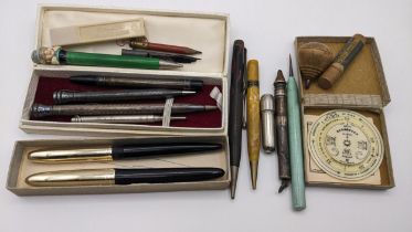 Mixed pens, pencils and accessories to include a silver pencil, scroll pens, Bakelite Art Deco ' The