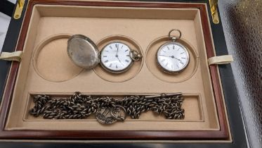 Two late 19th/early 20th silver cased fob watches together with a curb link pocket watch chain and a