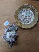 Zsolnay Pec Hungarian pottery plate and a 19th century porcelain wall pocket with floral encrusted