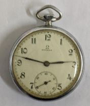 An Omega open faced, nickel cased pocket watch, Location: