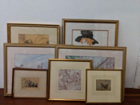 Pictures to include a 19th century watercolour of a horse and cart, views of Cambridge, after Ego