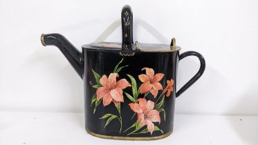 A Victorian Toleware watering can painted with flowers, Location: