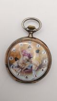 An early 20th century Omega silver open faced pocket watch, the dial depicting an erotic scene,