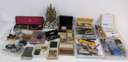 A mixed lot to include a skeleton clock A/F and mixed watch makers tools and accessories to