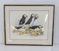 Andy Graystene - a gouache depicting puffins, signed the lower left, Location: