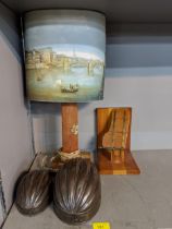 Rowing related items, a lamp from an oar and a bookend from a rudder together with two metal nut