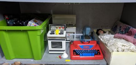 Toys to include a box of mixed Lego, a Casdon toy oven and kitchen sink unit, Prefect typewriter,