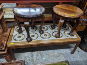 Small furniture to include a mid 20th century tiled top coffee table, a pair of occasional tables,