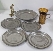 18th century and later pewter ware, together with a 19th century brass tankard and other items