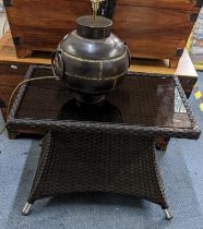 A modern rattan garden glass topped coffee table, 46cm h x 66cm w, together with a modern bulbous