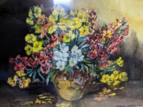 Marion Broom - Wallflowers Still life, watercolour of a jug of red white and yellow flowers,