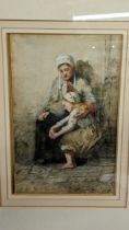 Johames Weiland - a circa 1900 watercolour depicting a mother and child, 26cm x 17cm, framed