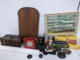 A mixed lot to include coins, Chinese scroll painting, cigarette tray, telephone, books, oil