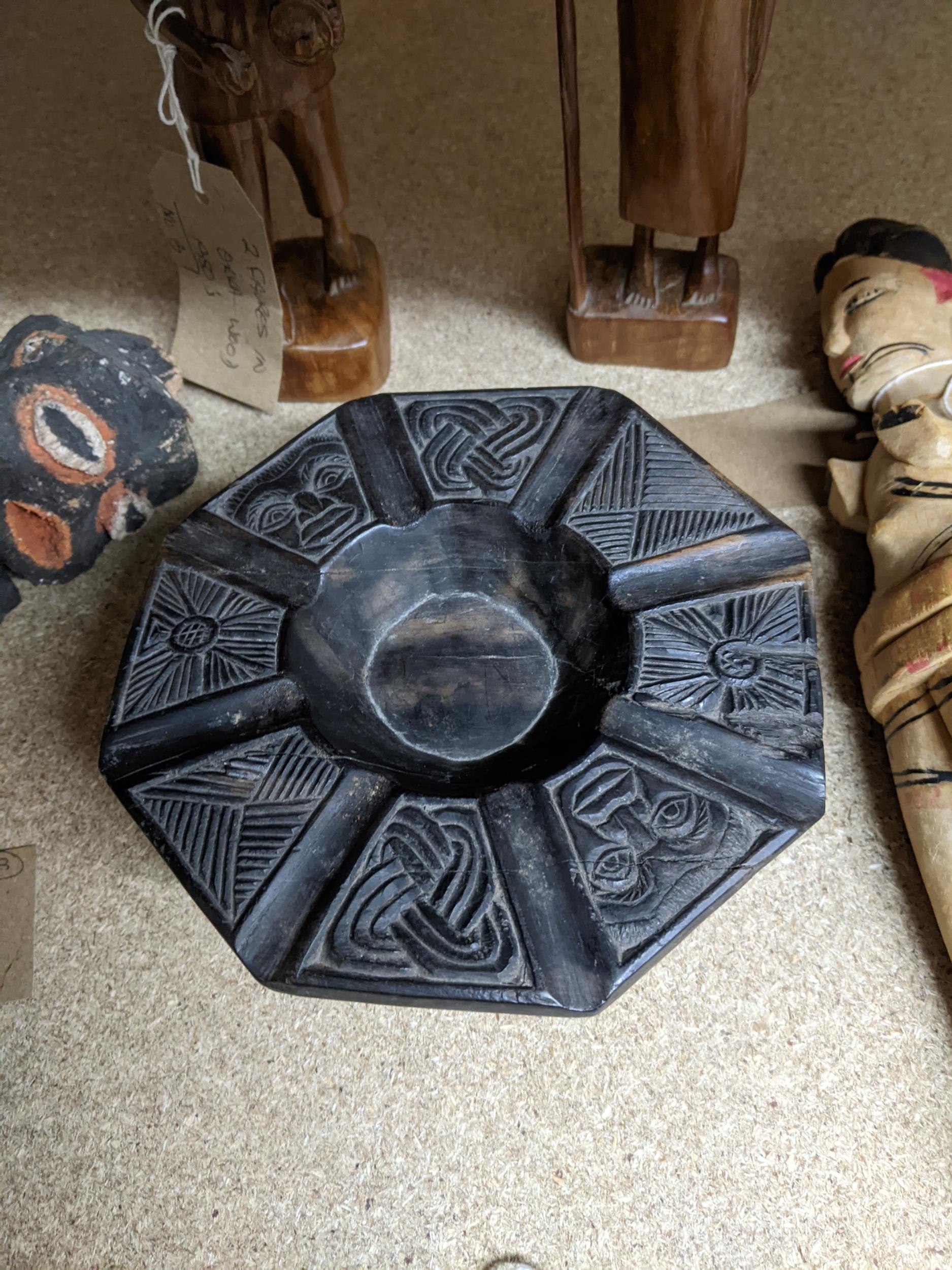A group of African tribal art carved wooden figures and a bowl to include a painted light wood - Image 2 of 5