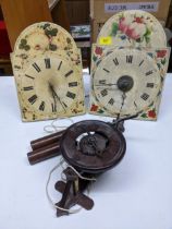 Three 19th century Black Forest wall clock movements, one made entirely of wood, with a twin