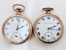 Two early 20th century gold plated keyless wound open faced pockets to include a Record