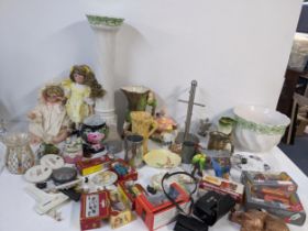 A mixed lot to include glassware, boxed Corgi toys, dolls, jardiniere with stand, and other items