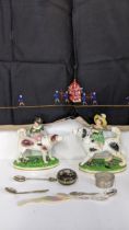 Two early/mid 19th century Bloor Derby ornaments of children and dogs A/F, together with a white