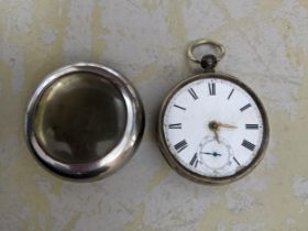 A Waltham key-wound silver cased green faced pocket watch with outside movement marked pab pinion,