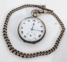 An early 20th century silver keyless wound open faced pocket watch with silver Albert chain with t-