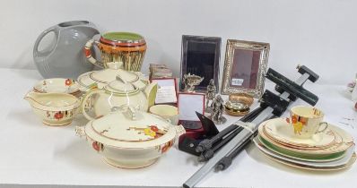 A mixed lot to include Art Deco china two silver plated picture frames, two pewter figurines and