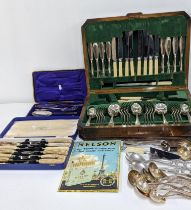 Mixed cutlery and flatware to include a canteen of cutlery in a veneered walnut case, steak knife